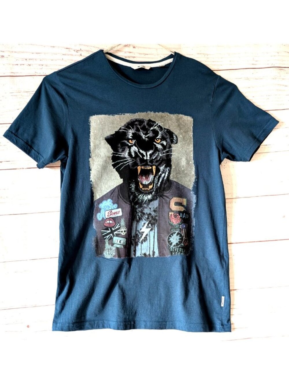 Only And Sons Men's T-Shirt Dark Teal  Short Sleeve Round Neck Tiger Knit Size M